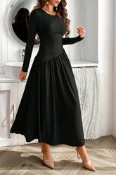 Ruched Round Neck Long Sleeve Dress OutfitFlow